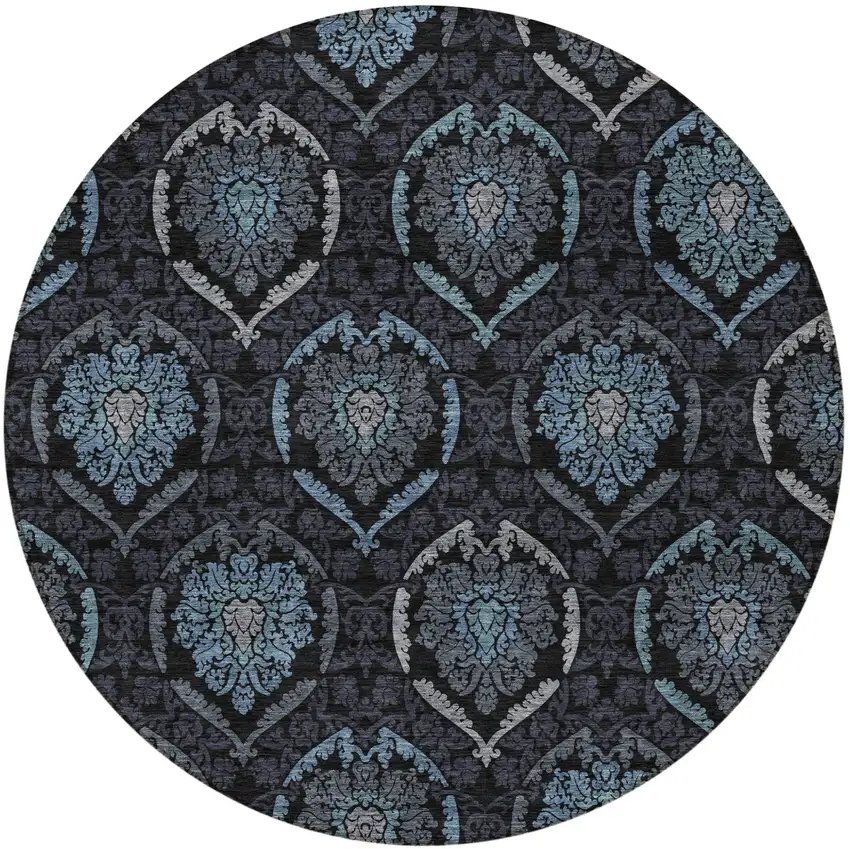 8' Blue Charcoal And Gray Round Medallion Washable Indoor Outdoor Area Rug Photo 7