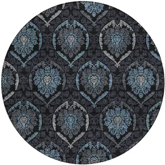 8' Blue Charcoal And Gray Round Medallion Washable Indoor Outdoor Area Rug Photo 2