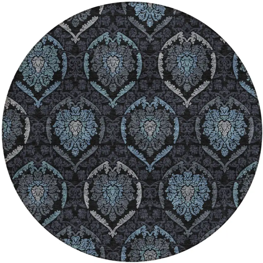 8' Blue Charcoal And Gray Round Medallion Washable Indoor Outdoor Area Rug Photo 2