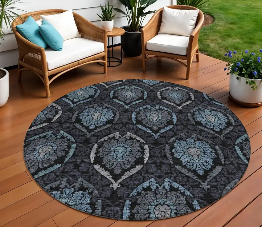 8' Blue Charcoal And Gray Round Medallion Washable Indoor Outdoor Area Rug Photo 1