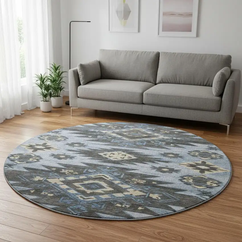 8' Blue Charcoal And Gray Tribal Washable Round Rug With UV Protection Photo 2