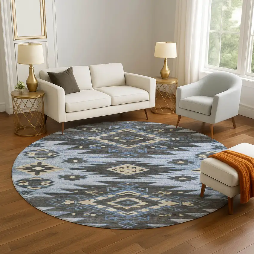 8' Blue Charcoal And Gray Tribal Washable Round Rug With UV Protection Photo 5