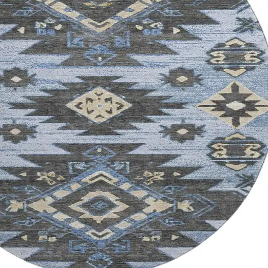 8' Blue Charcoal And Gray Tribal Washable Round Rug With UV Protection Photo 3
