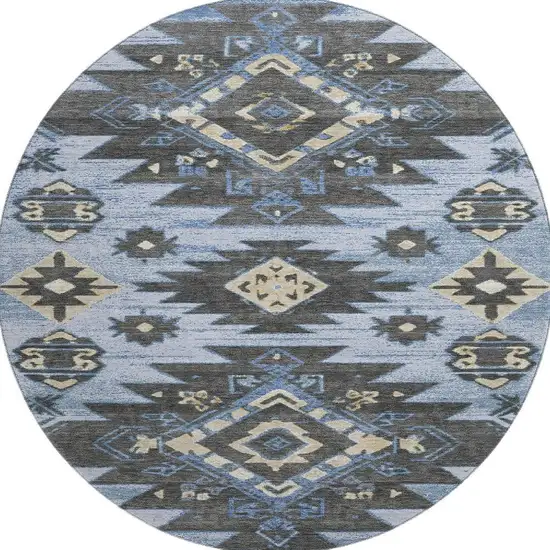 8' Blue Charcoal And Gray Tribal Washable Round Rug With UV Protection Photo 4