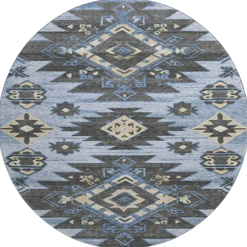 8' Blue Charcoal And Gray Tribal Washable Round Rug With UV Protection Photo 4