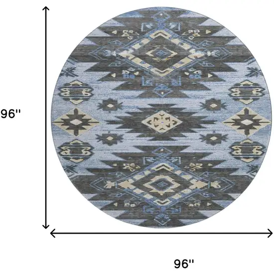 8' Blue Charcoal And Gray Tribal Washable Round Rug With UV Protection Photo 9