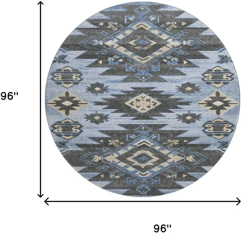 8' Blue Charcoal And Gray Tribal Washable Round Rug With UV Protection Photo 9