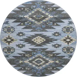 Photo of 8' Blue Charcoal And Gray Tribal Washable Round Rug With UV Protection