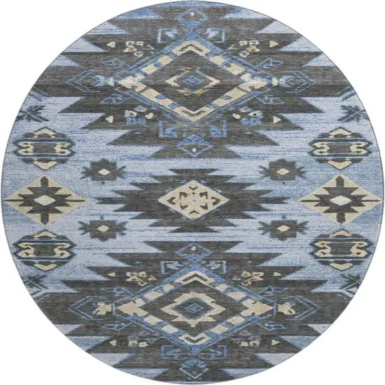 8' Blue Charcoal And Gray Tribal Washable Round Rug With UV Protection Photo 1