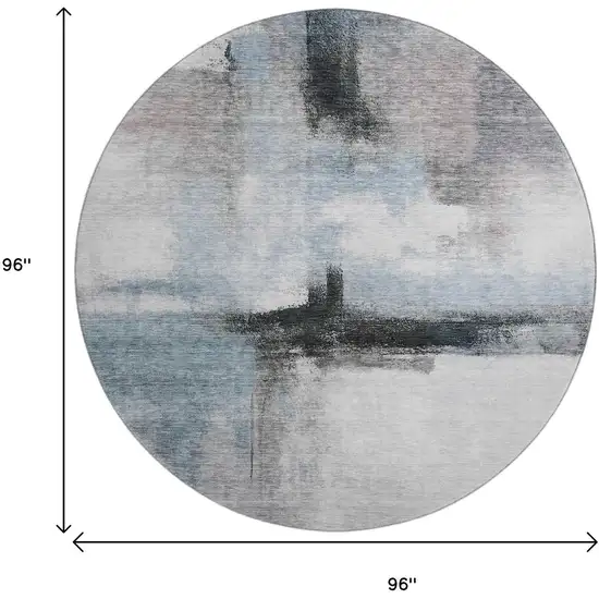 8' Blue Charcoal And Ivory Abstract Washable Round Rug With UV Protection Photo 9