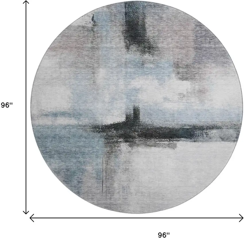 8' Blue Charcoal And Ivory Abstract Washable Round Rug With UV Protection Photo 9