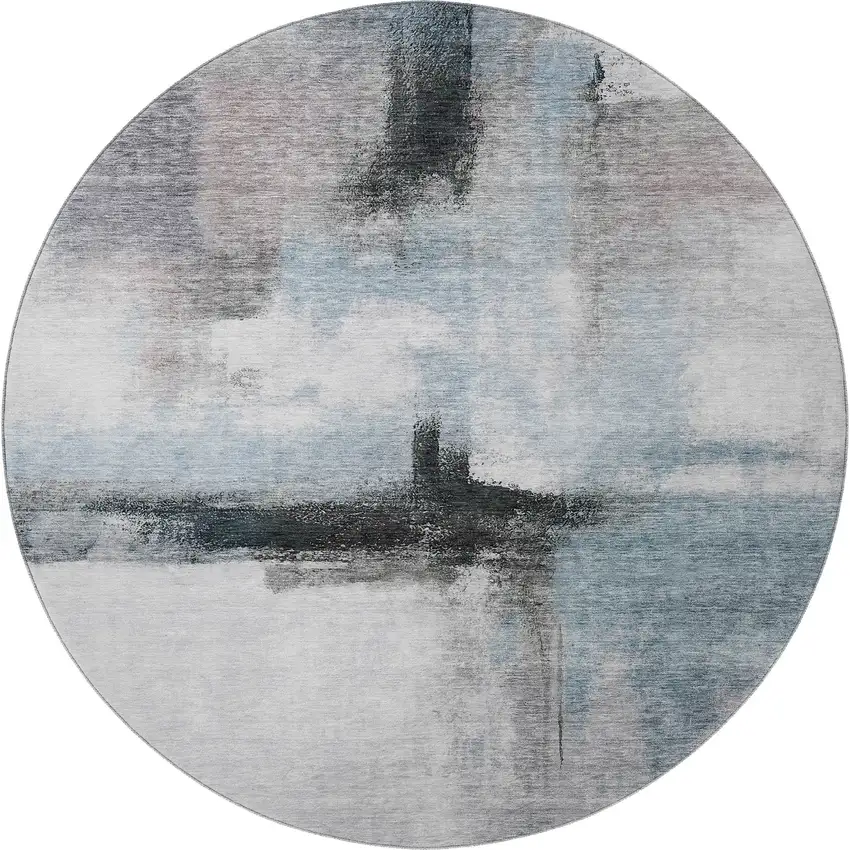 8' Blue Charcoal And Ivory Abstract Washable Round Rug With UV Protection Photo 3