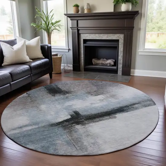8' Blue Charcoal And Ivory Abstract Washable Round Rug With UV Protection Photo 4