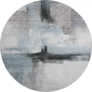 Photo of 8' Blue Charcoal And Ivory Abstract Washable Round Rug With UV Protection
