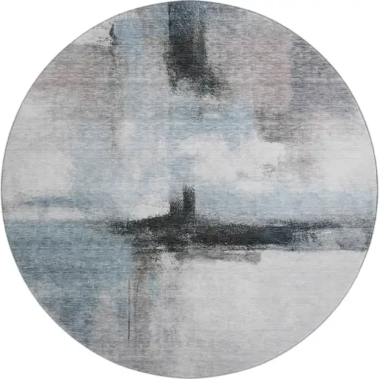 8' Blue Charcoal And Ivory Abstract Washable Round Rug With UV Protection Photo 1