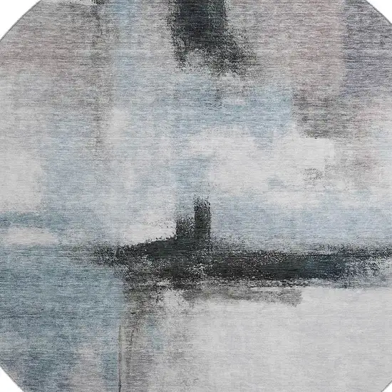 8' Blue Charcoal And Ivory Abstract Washable Round Rug With UV Protection Photo 2