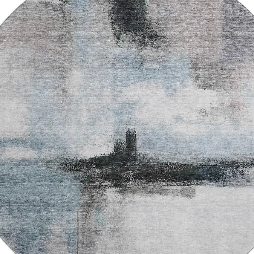 8' Blue Charcoal And Ivory Abstract Washable Round Rug With UV Protection Photo 2