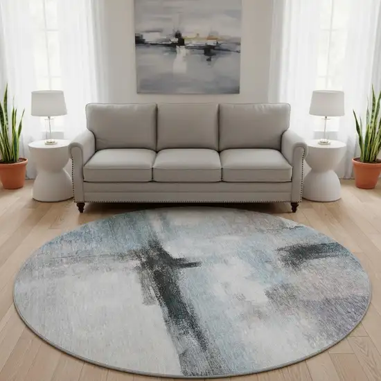 8' Blue Charcoal And Ivory Abstract Washable Round Rug With UV Protection Photo 2