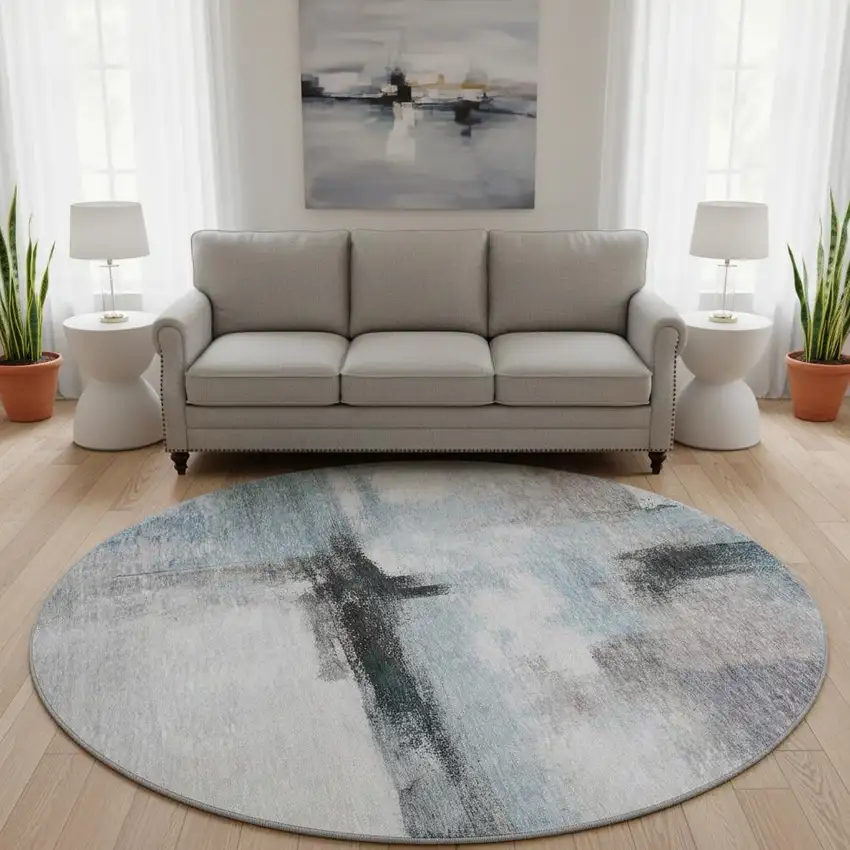 8' Blue Charcoal And Ivory Abstract Washable Round Rug With UV Protection Photo 2