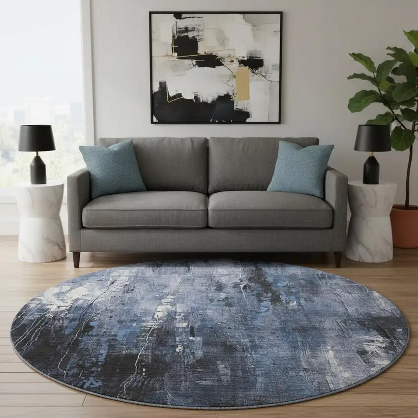 8' Blue Charcoal And Ivory Abstract Washable Round Rug With UV Protection Photo 2