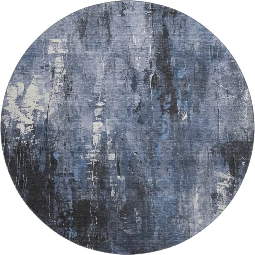 8' Blue Charcoal And Ivory Abstract Washable Round Rug With UV Protection Photo 1