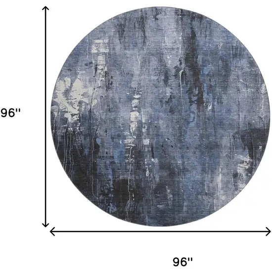 8' Blue Charcoal And Ivory Abstract Washable Round Rug With UV Protection Photo 9
