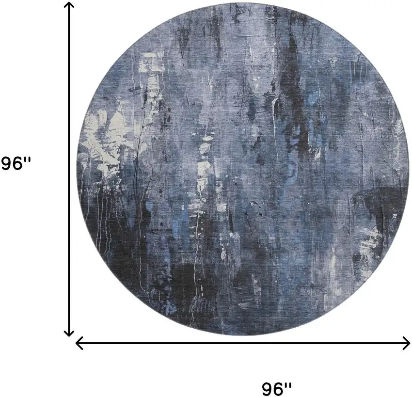8' Blue Charcoal And Ivory Abstract Washable Round Rug With UV Protection Photo 9