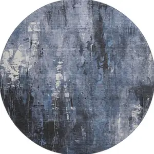 Photo of 8' Blue Charcoal And Ivory Abstract Washable Round Rug With UV Protection
