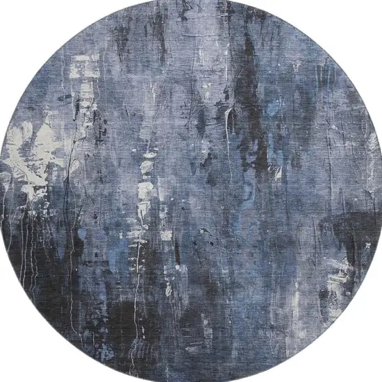 8' Blue Charcoal And Ivory Abstract Washable Round Rug With UV Protection Photo 3