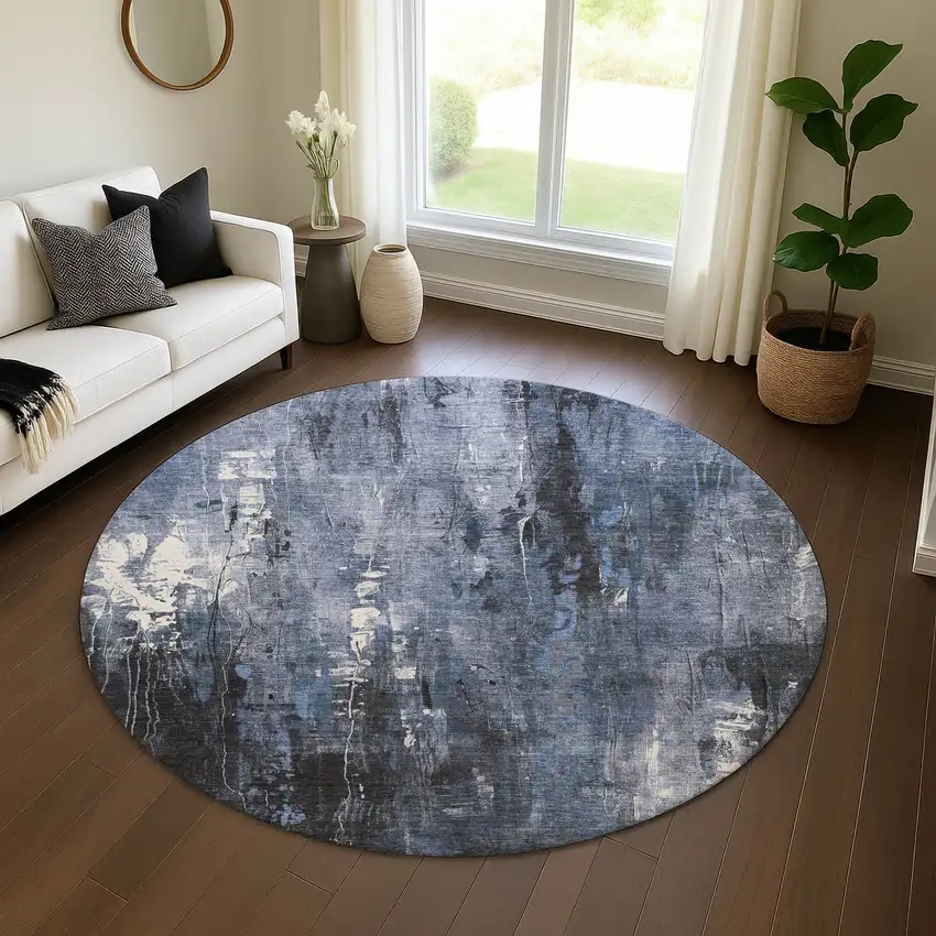8' Blue Charcoal And Ivory Abstract Washable Round Rug With UV Protection Photo 4