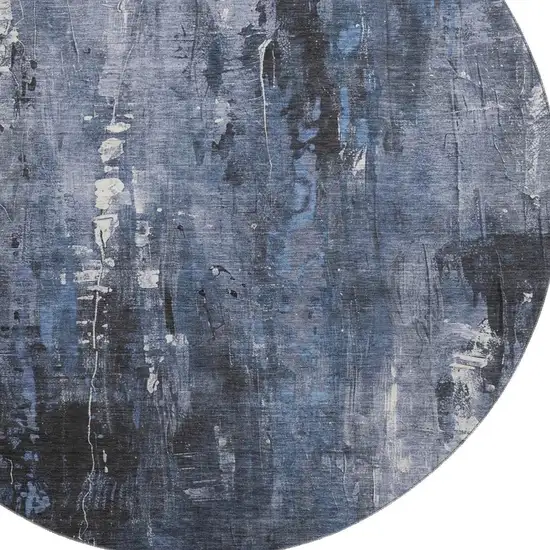 8' Blue Charcoal And Ivory Abstract Washable Round Rug With UV Protection Photo 2