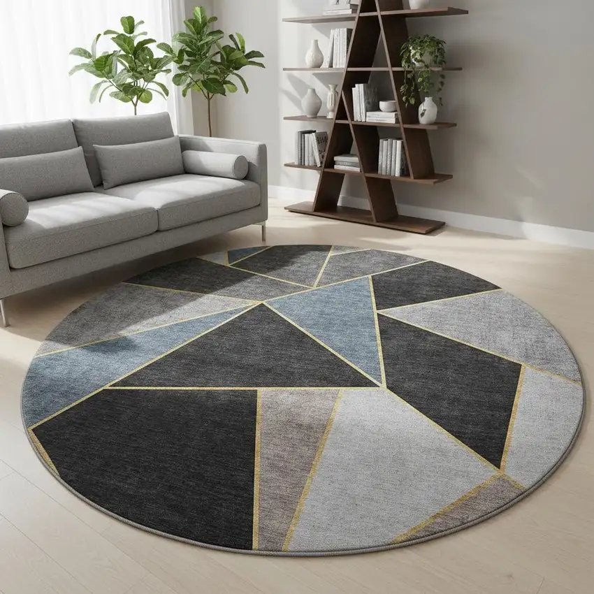 8' Blue Charcoal And Ivory Geometric Washable Round Rug With UV Protection Photo 2
