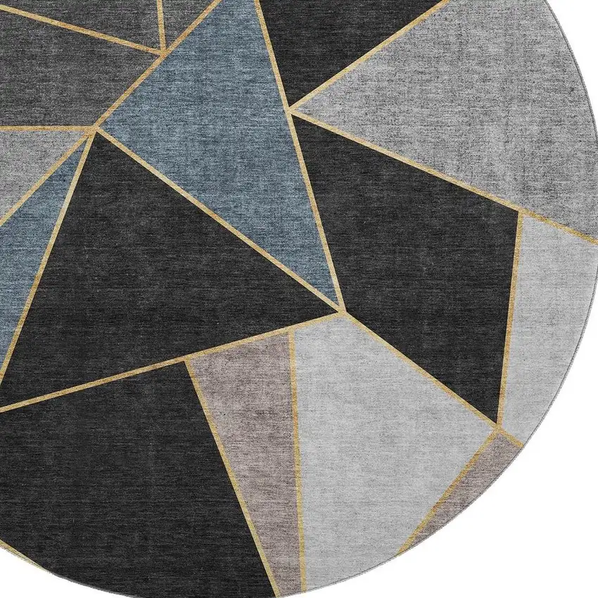 8' Blue Charcoal And Ivory Geometric Washable Round Rug With UV Protection Photo 4