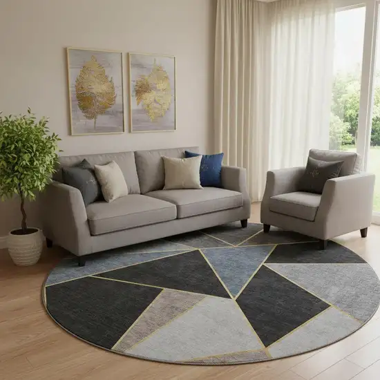 8' Blue Charcoal And Ivory Geometric Washable Round Rug With UV Protection Photo 1