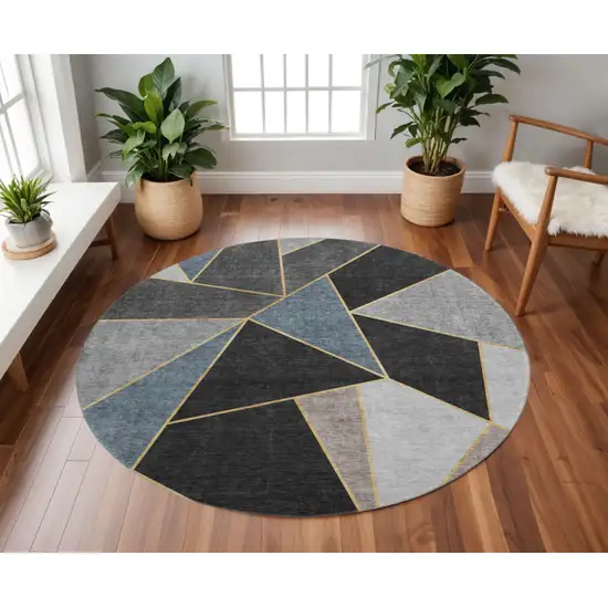 8' Blue Charcoal And Ivory Geometric Washable Round Rug With UV Protection Photo 3