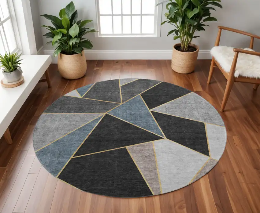 8' Blue Charcoal And Ivory Geometric Washable Round Rug With UV Protection Photo 3