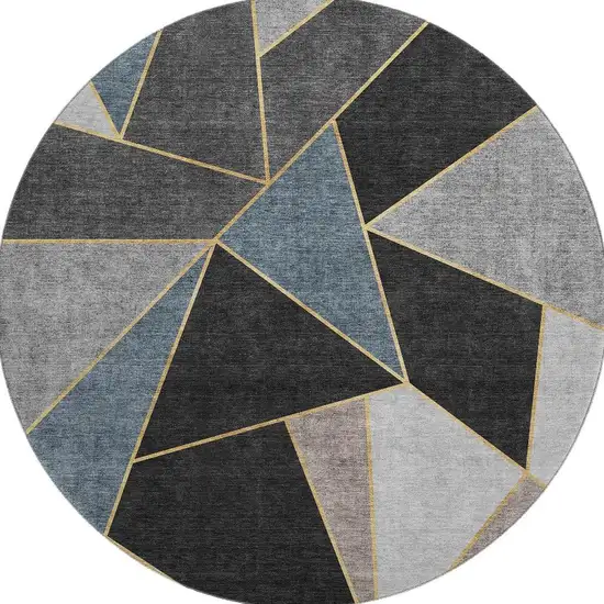 8' Blue Charcoal And Ivory Geometric Washable Round Rug With UV Protection Photo 5