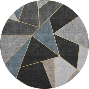 Photo of 8' Blue Charcoal And Ivory Geometric Washable Round Rug With UV Protection