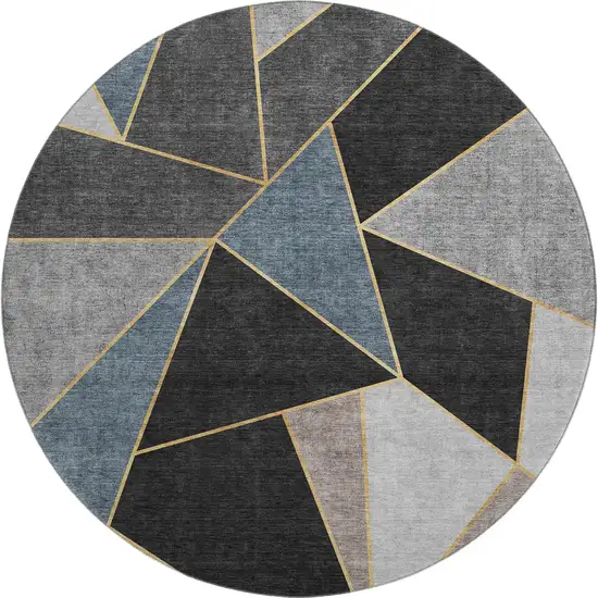 8' Blue Charcoal And Ivory Geometric Washable Round Rug With UV Protection Photo 1