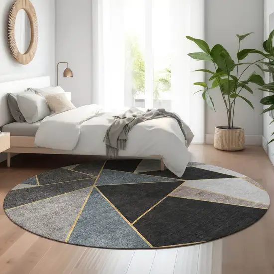 8' Blue Charcoal And Ivory Geometric Washable Round Rug With UV Protection Photo 6