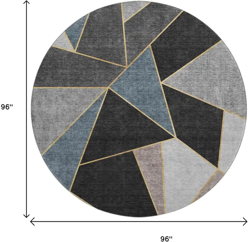 8' Blue Charcoal And Ivory Geometric Washable Round Rug With UV Protection Photo 3