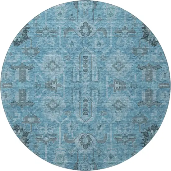 8' Blue Charcoal And Ivory Oriental Washable Round Rug With UV Protection Photo 2