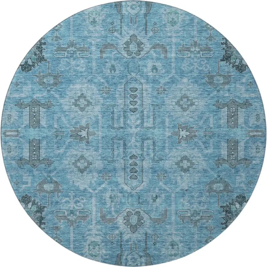 8' Blue Charcoal And Ivory Oriental Washable Round Rug With UV Protection Photo 2