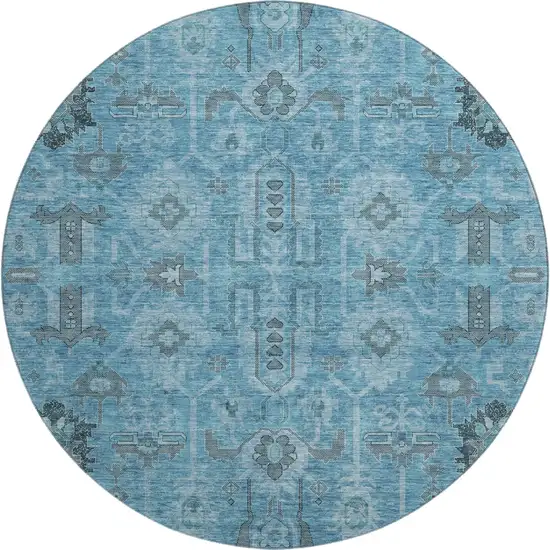8' Blue Charcoal And Ivory Oriental Washable Round Rug With UV Protection Photo 1