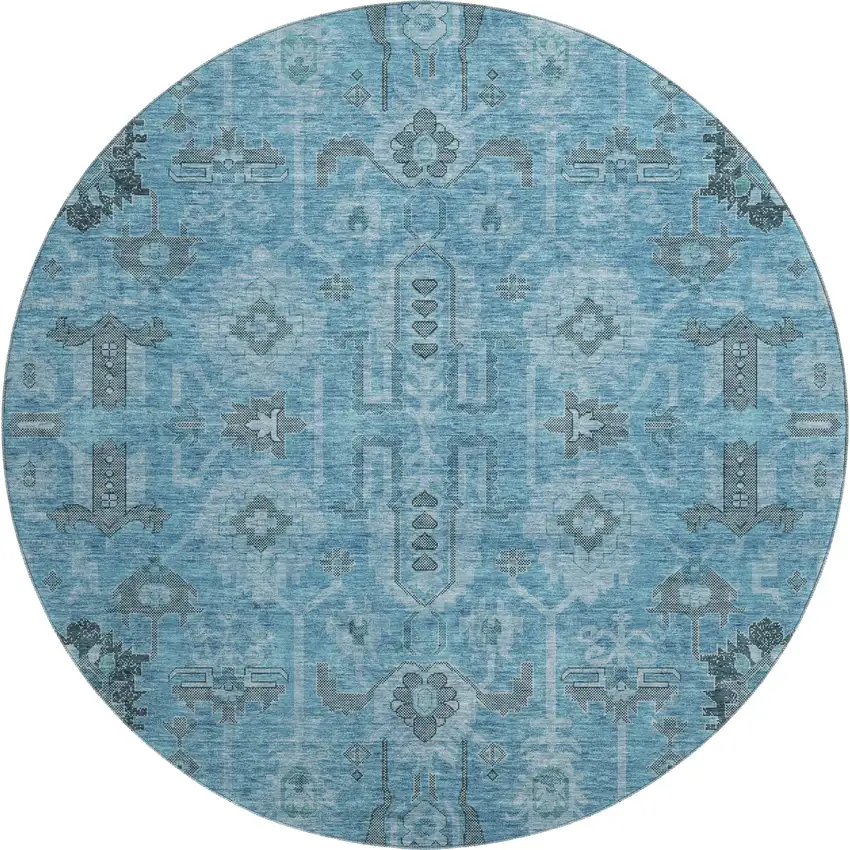 8' Blue Charcoal And Ivory Oriental Washable Round Rug With UV Protection Photo 1
