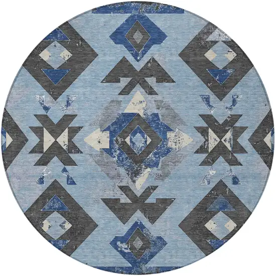 8' Blue Charcoal And Ivory Round Aztec Washable Indoor Outdoor Area Rug Photo 4