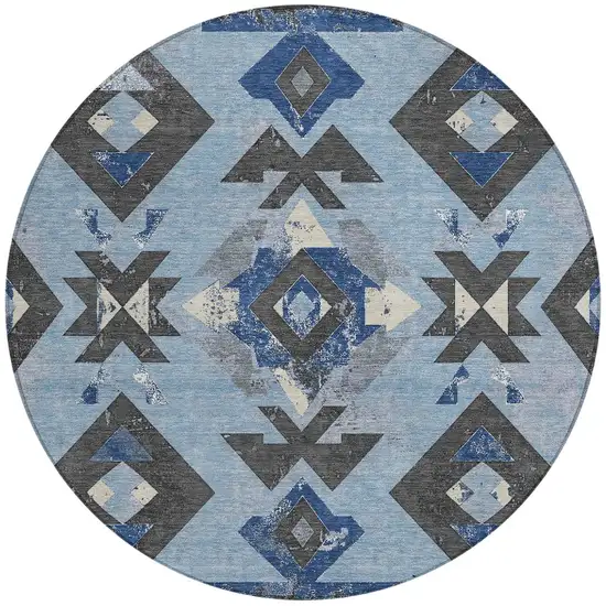 8' Blue Charcoal And Ivory Round Aztec Washable Indoor Outdoor Area Rug Photo 3