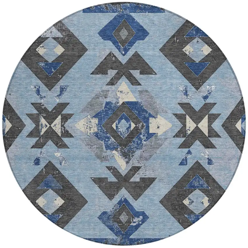 8' Blue Charcoal And Ivory Round Aztec Washable Indoor Outdoor Area Rug Photo 3