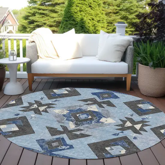 8' Blue Charcoal And Ivory Round Aztec Washable Indoor Outdoor Area Rug Photo 5