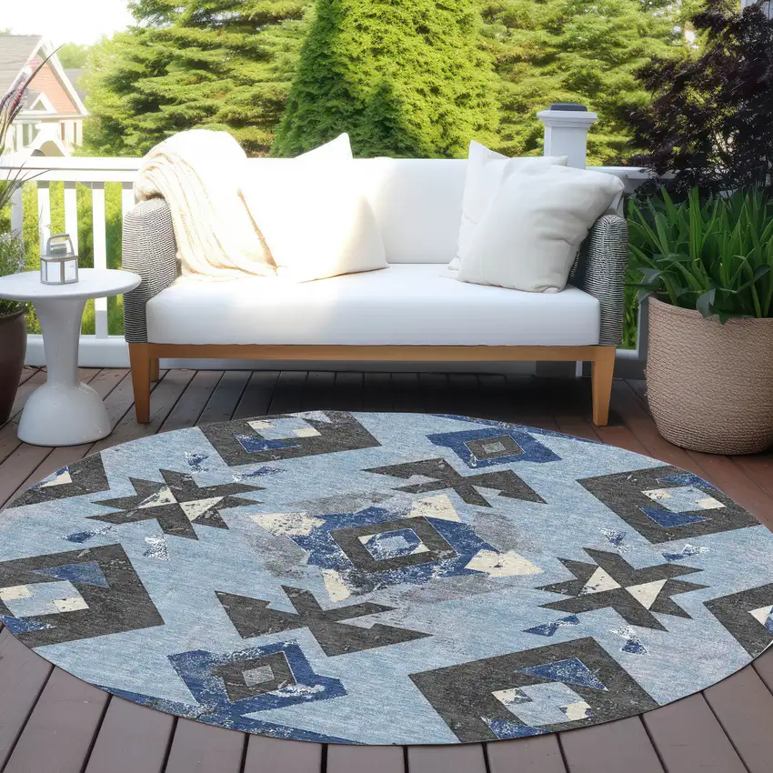 8' Blue Charcoal And Ivory Round Aztec Washable Indoor Outdoor Area Rug Photo 5